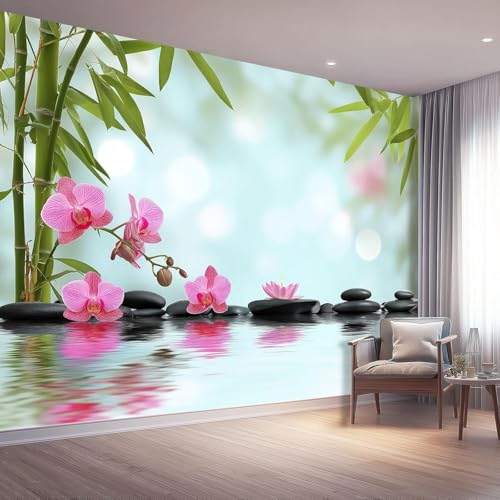 Buohwiwe Papier Peint Panoramique Pierre de Bambou Mural 300x210 cm 3D Papier Peint Intisse Orchidée Zen Fresque Murale Chambre Coucher Salon Décoration...
