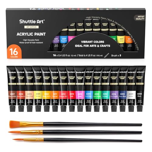 Shuttle Art Acrylic Paint Set, 16 x12ml Tubes Artist Quality Non Toxic Rich Pigments Colors Great for Kids Adults Professional Painting on Canvas Wood Clay Fabric Ceramic Crafts