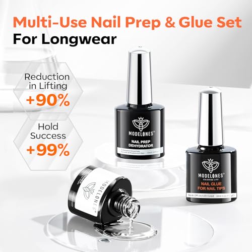 Image of modelones 10-in-One X Nail Gel Glue with Nail Dehydrator Primer Set | Adhesive Bond for Press Ons False Tips Acrylic Rhinestones Prevent Lift Clear Multi Use Gel Polish U V Cure Soak Off Manicure