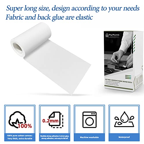 Image of KING MOUNTAIN Canvas Iron on Patch,3 inchx60 inch,Waterproof 100% Cotton Fabric Repair Patch,Used for Various Sofa,Tent,Clothes,Seats,Suitcases (White)
