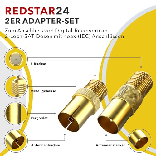 RedStar24 SAT Adapter Vergoldet - F-Kupplung auf Koax-Stecker & Buchse IEC, SAT zu Antennenkabel-Umwandler, Hochwertiges 2er Adapter-Set für F-Kupplung und Koax-Anschlüsse, Ideal für TV und Receiver – Bild 6