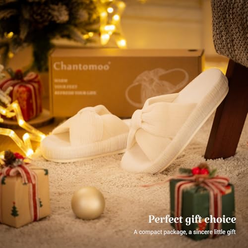 Image of Chantomoo Slippers for Women Memory Foam House Bedroom Corduroy Bow Crossbands Slipper Shoes Comfy Trendy Gift Slippers