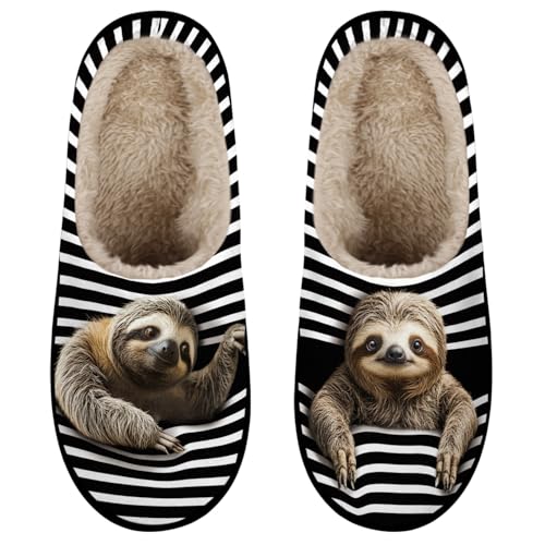 LOONG DESIGN Sloths Slippers for Women Men All-Season Soft Fabric Slip-On Slippers with Non-Slip Rubber Sole Winter Warm Cute Animal Print House Shoes Gifts for Sloths Lover Machine Washable