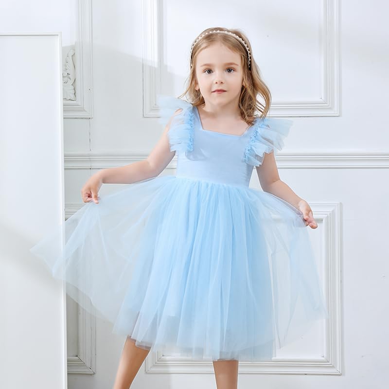 Toddle Girls Tutu Party Dress Backless Ruffled Sleeve A-Line Tulle Dresses for Birthday Wedding Flower Girl 12M-7Y2