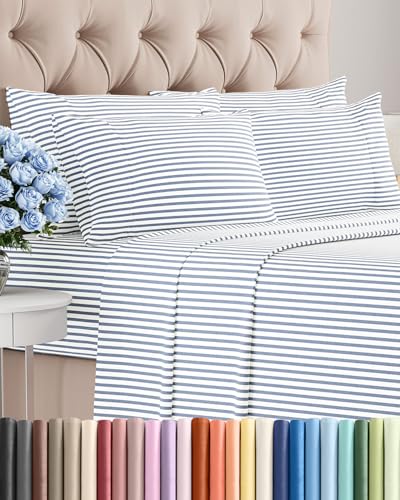 Image of Queen 6 Piece Bed Sheet Set - Breathable & Cooling Sheets - Blue Stripes | Ultra-Soft Hotel Luxury Bedding Set w / 8-16 Inch Deep Pockets, 1 Flat & 1 Fitted Sheet & 4 Pillowcases, Wrinkle & Fade Free