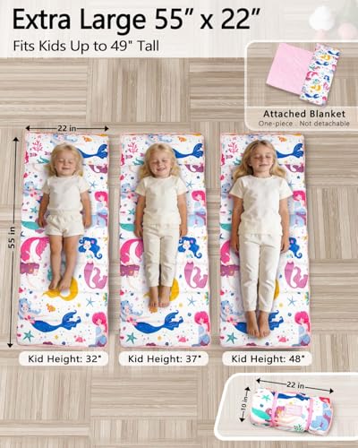 Image of Primlect Thickened Toddler Nap Mat with Removable Pillow and Minky Blanket, Extra Large 55''x35'' Sleeping Bag, Washable, Roll up, Perfect for Daycare, Preschool, Kindergarten, Boys and Girls Mermaid