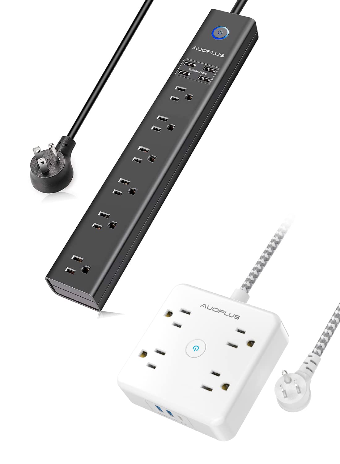 2Pack, 10FT & 5FT, Surge Protector Power Strip with USB, AUOPLUS 6 Outlet and 4 USB Charger,[Flat Plug/Wall Mountable], 1250W/10A/2100J, Long Extension Cord for Computer Home Office Dorm