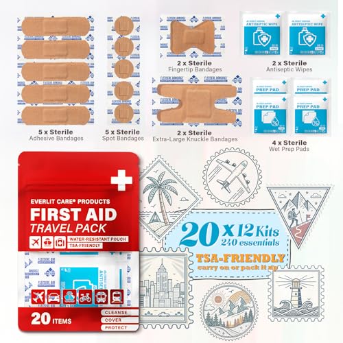 Image of EVERLIT CARE Travel Bandage Pack | 12 Individual Packets, Bulk Portable Mini First Aid Kit with 20 On-the-Go Essentials | Compact Water-Resistant Reusable Pouch to Clean, Cover & Protect
