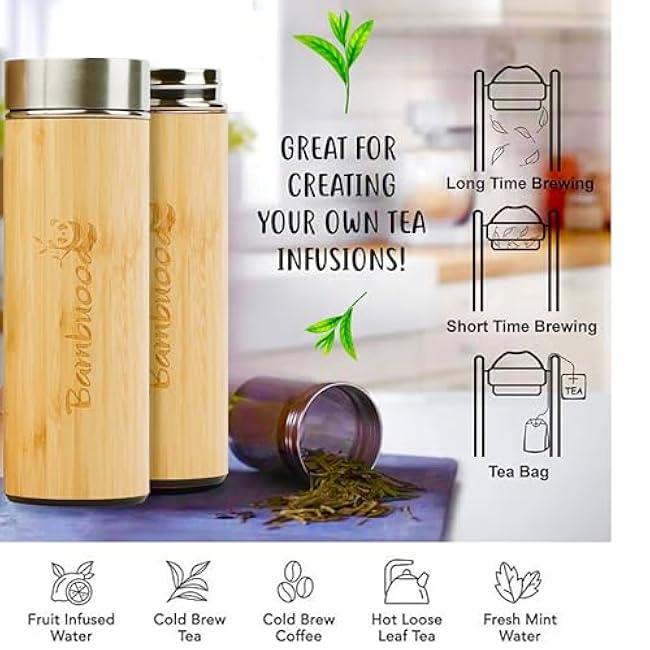 17 oz-Bambuood Premium Vacuum Insulated Stainless Steel Bamboo Tumbler - Leak Proof Bamboo Tumbler Thermos for Loose Leaf Tea, Coffee & Fruit-Infused Drinks - Keeps Cold 24/Hot 12 Hrs.
