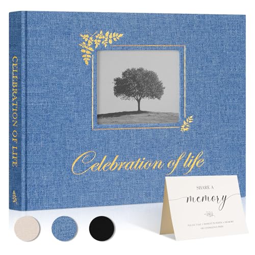 Image of Lanpn Funeral Guest Book for Memorial Service, Linen Celebration of Life Registry Guest Book with Open Window, Memory Book for Funeral with Table Sign, Funeral Favors Sign in Books for Guests, Blue