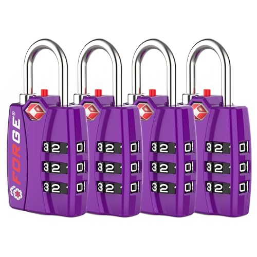 Image of Forge Open Alert TSA Approved Luggage Locks - 3 Digit Combination, Easy Read Dials, Zinc Alloy Body (Purple 4 Locks)