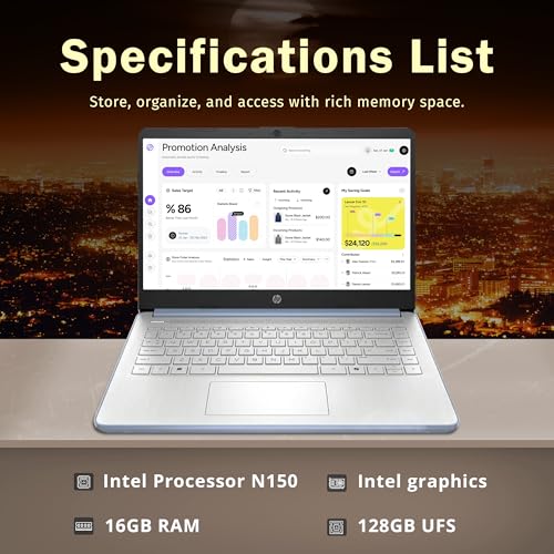 Image of HP Stream 14 inch HD Laptop, Intel Processor N150, 16GB RAM, 128GB UFS, Intel Graphics, Copilot, Fast Charge, Wi-Fi 6, Win 11 S, Sky Blue (Renewed)