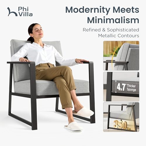Image of PHI VILLA Patio Furniture Metal Armchair,2 PCS All-Weather Outdoor Contemporary Sofa Chair,Black Frame with Textilene Cushion（Backyard ICON Collection）