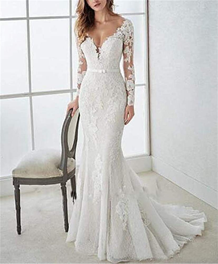 Abito da Sposa a V Sirena Maniche Lunghe Tulle Pizzo Applique delle Donne, Bianco