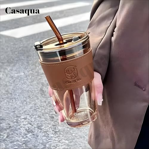 Image of Coffee Sipper Mug with Leather Sleeve, Clear Drinking Glasses Tumblers with Straws and Lids for Iced Tea, Juice, Cocktail, Smoothies Cold & Hot Drink Cups (450ML, Pack of 1, Brown)