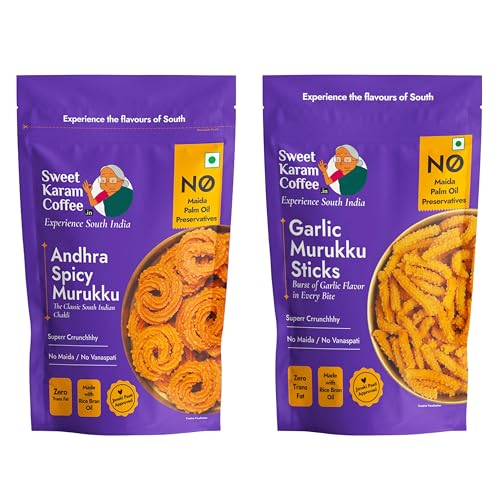 Image of Sweet Karam Coffee Andhra Spicy & Garlic Murukku Combo | No Palm Oil | No Preservatives | South Indian Chakli | Crispy & Crunchy Tea-Time Snack | Festive Special | Homemade Recipe | 95g x 2 Packs