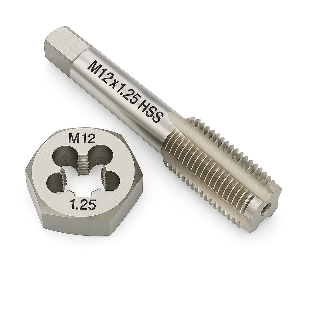 M12 x 1.25 Metric Tap and Die Set HSS Machine Tap and GCr15 Alloy Steel Hex Die Right Hand Thread Cutting Tool for Metal Repair