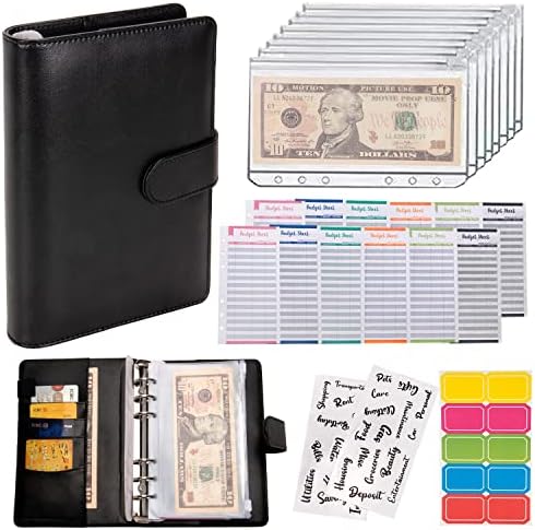 Budget Binder Cash Envelopes for Budgeting Money Organizer for Cash Money Envelopes for Cash Leather A6 Budget Binder with Zipper envelopes (Blackblack)