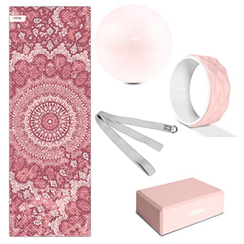 Fitfiu Fitness Kitwell 500 Pack met 5 accessoires voor yoga pilates incl. mat, blok, rol, riem en bal, unisex volwassenen, roze