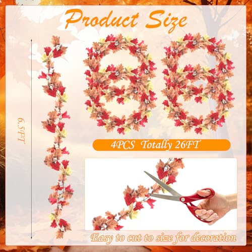 Image of 4 Pack Fall Garland Maple Leaf, 26Ft Hanging Artificial Autumn Foliage Garland Thanksgiving Decor for Home Wedding Fireplace Party Christmas Bulletin Board Decorations