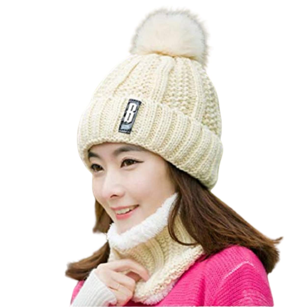 Atipriya Winter Beanie Hat and Circle Scarf Set for Women with Faux Fur Bobble Pom Pom and Fleece Lining, Outdoor Sports Hats, Free Size, pack of 1 (Cream) (B0BSHDXV75) Amazon Price History, Amazon Price Tracker