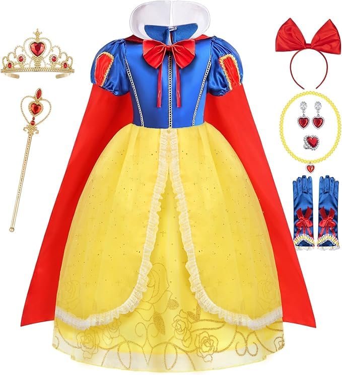 Mishopy Schneewittchen Kostüm Kinder Prinzessin Kleid Mädchen Schneewittchen Kleid mit Umhang Perücke Krone Handschuhe Verkleidung für Geburtstag...