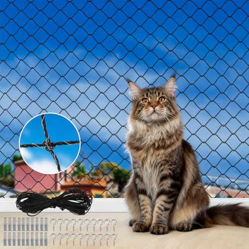 Xyvor Malla para Gatos Balcon 6 x 3 m, Red Gatos Nylon, Red para Gatos Terraza, Red Gatos Terraza, con 15 m de Cable de Fijación y Accesorios, para Balcones Ventanas Tragaluces Puertas (Negro)