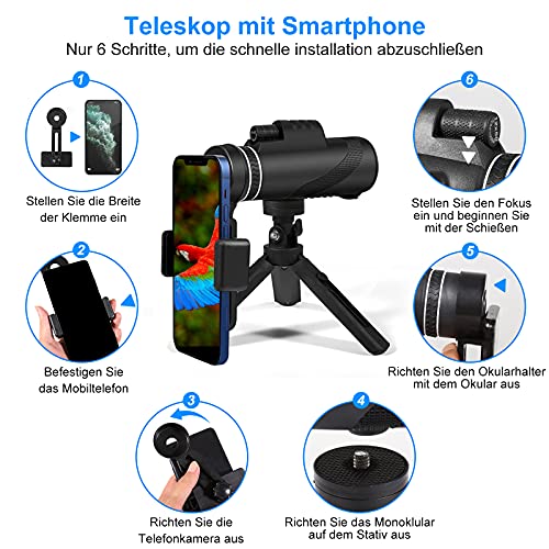 Monokular Teleskop, 12X50 HD Handheld Fernrohr mit Smartphone Halter Einstellbar Stativ, Hochleistungs Starscope… – Bild 5