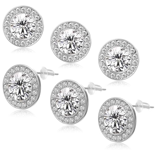 Wanmu Rhinestone Earrings 3 Pairs Round Shaped Acrylic Stone Inside Crystal Halo Stud Earrings for Dance Competitions Stage Opera Performance Wedding Earring Jewelry (Silver)