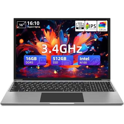 Laptop 16”, 16GB DDR5 512GB SSD, Quad Core N100 CPU(Up to 3.4GHz), FHD IPS 1200P Display, Laptop Computer with Cooling System, 38WH Battery, 2.4G+5G WiFi, BT4.0, 4 Speakers, Portable Business Laptops.