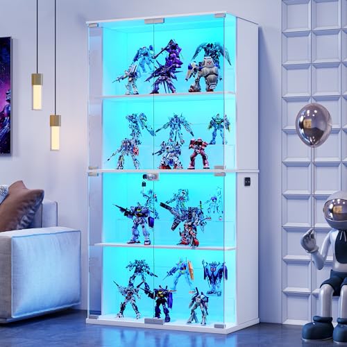 Lvifur Vitrine mit LED Beleuchtung und Glastüren für Sammlerstücke,Wein,35×70×168cm 4-Lagen Glasvitrine Vitrinenschrank mit Intelligente Sensorik für Wohnzimmer Schlafzimmer,Weiß