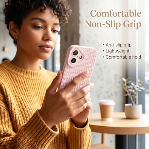 Image of amazon basics Luxury 3D Knitted Texture Soft Silicone Back Cover for iPhone 16 | Slim Fit Shockproof Case with Camera Protection & Non-Slip Grip - Pink