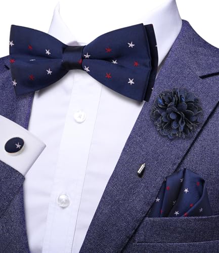 Image of Hi-Tie Bow Ties for Men Pre-Tied Pocket Square with Cufflinks Mens Bowtie Sets for Wedding Formal Party