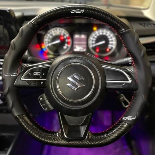 Image of Stitchable Carbon Fiber Steering Wheel Cover with Leather Protection - Universal Fit, Anti-Slip, Comfortable Grip, Durable & Stylish for Cars - Easy Install with Red Stich