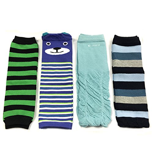 ALLYDREW 4 Pack Baby Leg Warmer Set & Toddler Leg Warmer Set for Boys & Girls (Green Black Stripe, Bear, Ruched Blue, Blue Stripe)