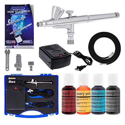 Master Airbrush Cake Decorating Airbrushing System Kit with a Set of 4 Chefmaster Food Colors, G34 Gravity Feed Dual-Action Airbrush, Air Compressor, Hose, Storage Case, How-to-Airbrush Guide Booklet