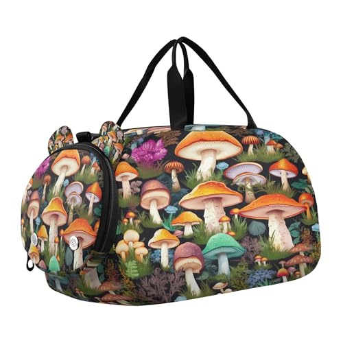 Mushroom Youth Sports & Travel Duffle Bag with Shoe Compartment,Waterproof Gym Bag for Girls and Boys (Overnight Essentials Organizer)