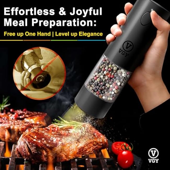 VGY Electric Salt and Pepper Grinder Set, 2 Pack Automatic Black Pepper Shakers with Dust Caps, Rechargeable Pepper Mills with LED Light, 5 Adjustable Coarseness Levels, 95ml-Washable Container
