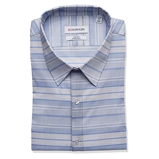 Calvin Klein Camisa social masculina Xtreme Slim Fit Stain Shield Stretch Check, Azul, 15"-15.5" Neck 34"-35" Sleeve
