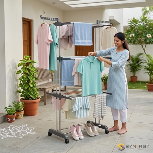Image of Synergy - Premium Heavy Duty Stainless Steel Clothes Drying Stand | Cloth Dryer Stand | Cloth Stand for Drying Clothes Foldable | Cloth Hanging Stand | Cloth Drying Stand (3-Tier) Grey - SY-CS20