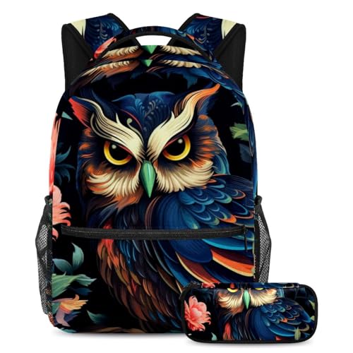 Cartable grande capacité motif hibou coloré et sa trousse scolaire pour ado et voyage