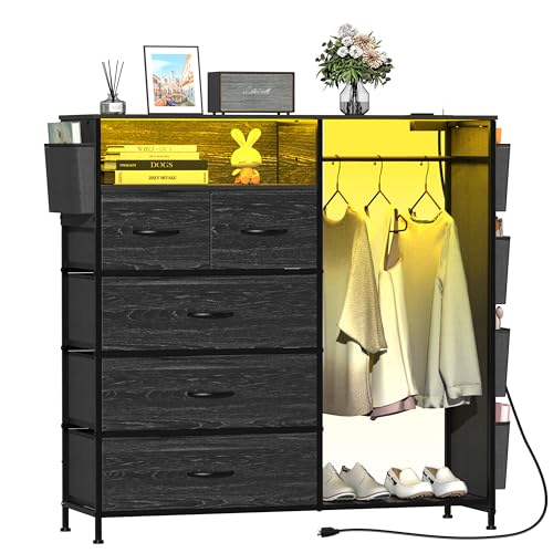 Image of Espelism Dresser for Bedroom with Clothes Rack Side Pockets 5 Drawer Dresser with Charging Station LED Lights Black Storage Chest of Drawers for Nursery Hallway Closet Sturdy Steel Frame Wood Top