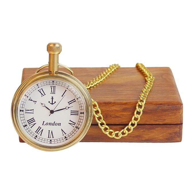 Pocket Gandhi Brass Watch Antique with Wooden Box Golden Roman Numbers Dial for Men and Women Gift