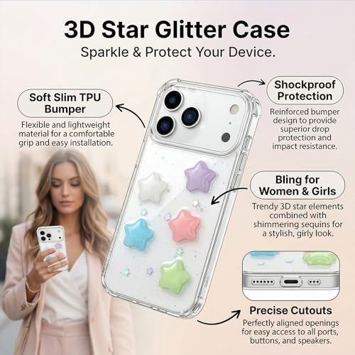 VALRION Compatible with iPhone 17 Pro Max Luminous Case 3D Stars Clear Glow in the Dark Noctilucent Bling for Women Girly Soft Slim TPU Bumper Shockproof Light up Phone Cover by VALRION - Used condition - Image 7