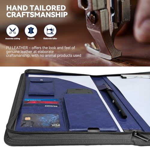 Image of Zippered Padfolio Organizer, WRIYES Leather Planner Binder, 10.2 Inch Portfolio Folder for Documents, Letter Size Business Card Holder for Men&Women (Blue)