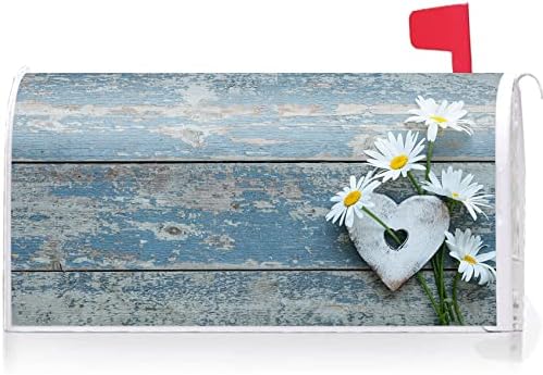 Texupday Daisies Love Heart Blue Wood Board Mailbox Cover with Magnetic Strip Spring Summer Flower Mailbox Wraps Post Letter Box Cover Standard Size 21" X 18" for Garden Outdoor Yard Decor