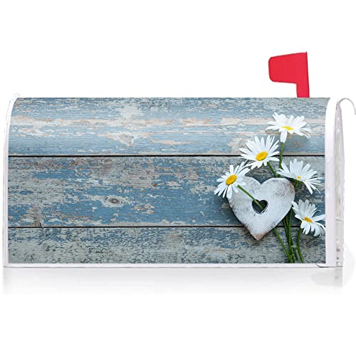 Texupday Daisies Love Heart Blue Wood Board Mailbox Cover With Magnetic Strip Spring Summer Flower Mailbox Wraps Post Letter Box Cover Standard Size 21" X 18" For Garden Outdoor Yard Decor #TOP10