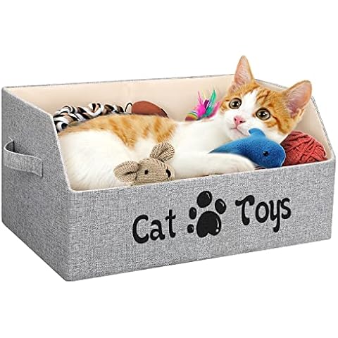 LOVSTORAGE Large Cat Toy Box Cat Toy Storage Basket 2X Thicker Foldable Sturdy Pet Toy Storage Bin Bed for Organizing Pet Toys Treats Clothes and Accessories(Grey) Cover