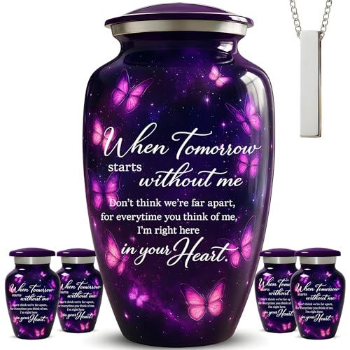 Family Tribute Purple Butterfly Cremation Urn for Human Ashes Set Beautiful Large Funeral Urn for Adult (220lbs) with 4 Small Keepsake Urn & 1 Memorial Ash Necklaces to Honor Your Loved Ones