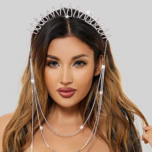 IYOU Mary Halo Crown Headband Silver Sparkly Rhinestone Goddess Headpiece Tiara Tassel Wedding Party Costume Hair Band Headwear for Women(Silver-C)